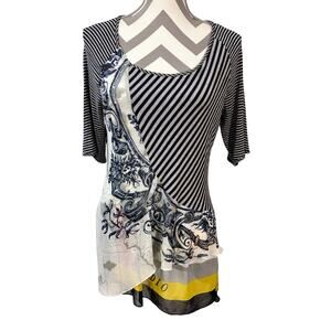 Soft Surroundings Mixed Media Top M Striped Graphic Floral Asymmetric Flowy Art